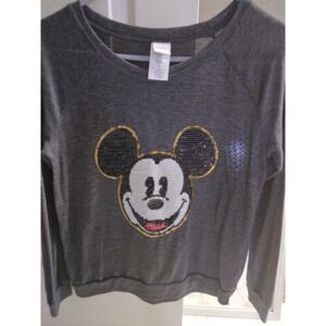 Disney T long sleeve gray sequined mickey mouse face front size S